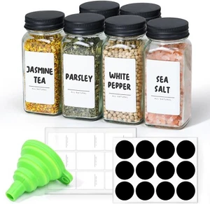 6-Pack Glass Spice Jars with Shaker Lids, Labels & Square Bottles for Kitchen - Picture 1 of 5
