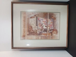 Vintage Debby Prager gerahmte Kunst 35\500 Schlafzimmer Schaukelpferd Quilt Rollstuhl - Bild 1 von 14