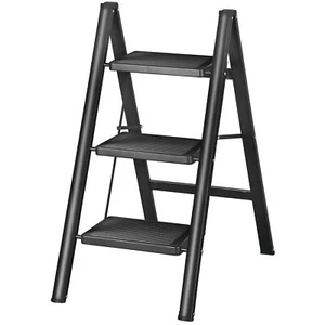3 Step Ladder Folding Step Stool Sturdy Steel Ladder for Adult Lightweight Black - Picture 1 of 23