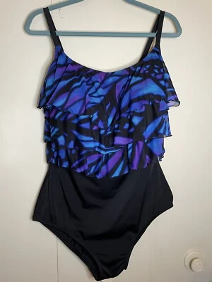 Studio Works 20W Black Blue Bathing Suit Fringed Top Great Tanlines Boho Summer - Image 1 of 4