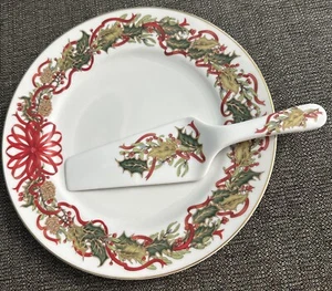 Andrea by Sadek CHRISTMAS GARLAND Porcelain Plate 10.5” & Cake Server New Mint - Picture 1 of 4