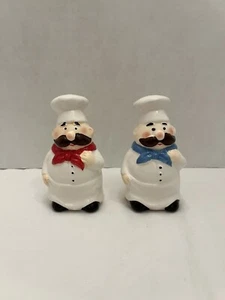 Vintage Chef Ceramic Salt And Pepper Shakers Red & White With Mustaches - Picture 1 of 5