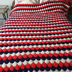 VINTAGE AFGHAN /Blanket Red/White/Blue 82”x83” Heavy - Picture 1 of 2