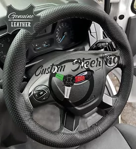 BLACK PERFORATED LEATHER STEERING WHEEL COVER FOR FORD TRANSIT 2012 - 2018 - Picture 1 of 35