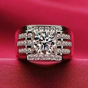 Engagement Men's Ring Round Cut Natural Moissanite 14K White Gold Plated