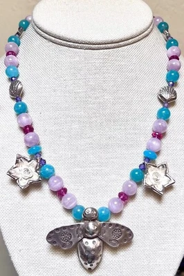 LOVELY Sterling & Hill Tribe Pure Silver, Kunzite, Amazonite Bee/Flower Necklace - Image 1 of 4