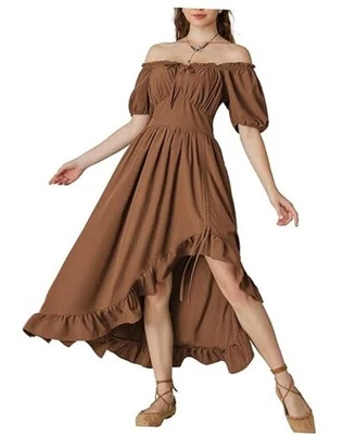  Vestido Renacimiento Mujer Cottagecore Corsé Vestido Volantes Maxi XX-Grande Marrón Foto 1 de 4