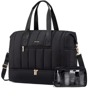 Weekender Bag With Zippered Shoe Compartment Black Quilted Travel Tote Large Lov - Picture 1 of 4