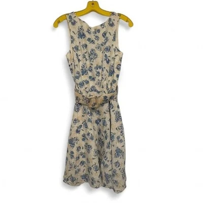 Moda International Sleeveless Belted White Dress Blue Floral Size 4 100% Cotton - Image 1 of 4