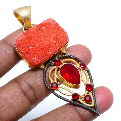 Natural Imperial Jasper & Smokey Quartz Silver Plated Jewelry Pendant 2.17" T5 - Image 1 of 3