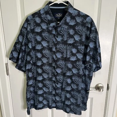 Camisa de campamento hawaiana para hombre Nat Nast talla XL estampado de hojas de palma mezcla seda negra azul Foto 1 de 3