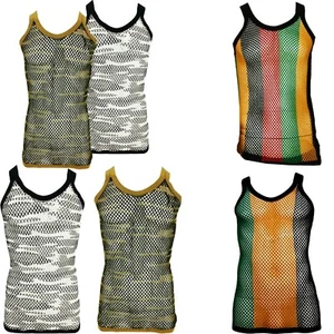 Men's Fitted Camo Rasta Jamaica Stripe 100% Cotton String Vest Mesh Fishnet Top - Picture 1 of 6