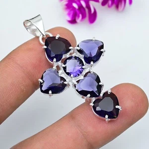 Amethyst Gemstone Cross Pendant 925 Sterling Silver Handmade Jewelry Women Gift - Picture 1 of 4