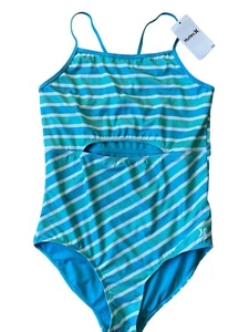 Hurley One Piece Bathing Suit Girls Youth 14/16 NWT Blue Striped Open Beach Surf - Picture 1 of 5