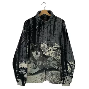VTG Wolf Fleece Mountain Ridge Jacket Medium Wolves All Over Print Black 90's M - Picture 1 of 8