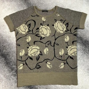 Vintage 90s Clip Art Brown Floral Short Sleeve Sweater S/M Eurexa France - Bild 1 von 8
