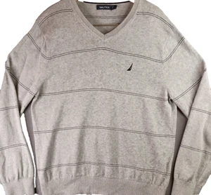 Nautica Sweater Men's L Gray Cotton Striped V Neck Pullover Jumper - Picture 1 of 17