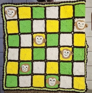 Vintage Monkey Theme Handmade Crochet Afghan Throw Baby Blanket, EUC - Picture 1 of 12