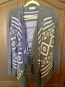 Hollister Cardigan Womens Size Small Blue and White Open Front Fringe LS Sweater - Picture 1 of 7