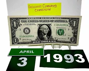 One Dollar Bill Birthday April 3 1993. Near Uncirculated. Fancy Serial Number - Picture 1 of 10