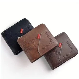 PU Wallet Wax Oil Skin Purse for Men w. Coin Pocket, Card Holder, Zipper - K - Picture 1 of 8