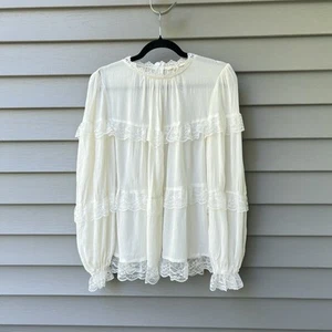 Just Me Lace Peasant Boho Blouse Long Sleeves Ruffle Vintage Style Cream Size S - Picture 1 of 12