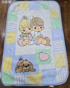 Vintage Precious Moments Plush Blanket Fleece Dog Heart Pastel Baby Girl Boy - Picture 1 of 4