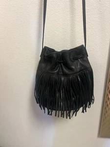 MARGOT Black Fringe Leather Small Bucket Bag Crossbody Western Boho - Picture 1 of 8