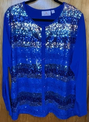 Quacker Factory XL Royal Blue Long Sleeve, Button, Sweater Sequin /Lace Front - Image 1 of 3