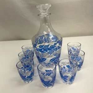 Bicchieri vintage Francia Verrerie D'Arques decanter liquore 7 colpi blu foglia bianca - Foto 1 di 20