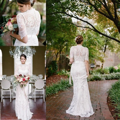 Lace Half Sleeve Bridal Gown Mermaid Beach Wedding Dress Custom Size 2 4 6 8 10+ - Image 1 of 4