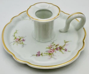 Vintage Haviland Limoges France Pink Rose Chamberstick Candle Holder Finger Loop - Picture 1 of 7