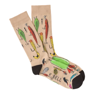 New K. Bell Men Crew Socks 10-13 Shoe 6.5-12 FISHING LURES Khaki Brown Fun gift - Picture 1 of 3