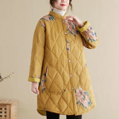 Women Mid-length Quilted Padded Jackets Coats Floral Oversized Loose Casual - Image 1 of 4