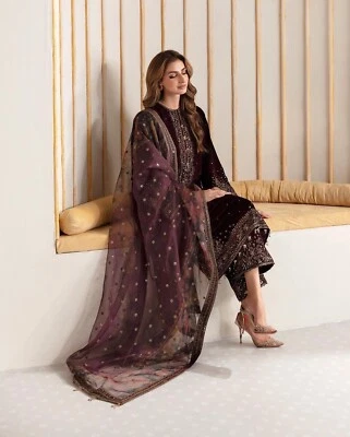 Pakistani Embroidered Salwar Kameez Readymade Winter Wear Velvet Kurta Pant Sets - Image 1 of 4