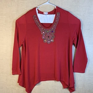 Monroe and Main Top Women's Sz 3X Red Plus Embellished Beaded Neck Hi Low Flowy - Picture 1 of 7