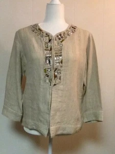 Chicos Top Sz 0 (=Sm) Beige Linen Blend Beaded Embroidery Gold Metallic Shimmer - Picture 1 of 12