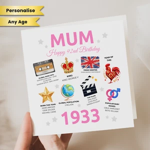 Tarjeta de cumpleaños 92 personalizada 1933 año de nacimiento mamá primo hija mujer mamá - Imagen 1 de 2