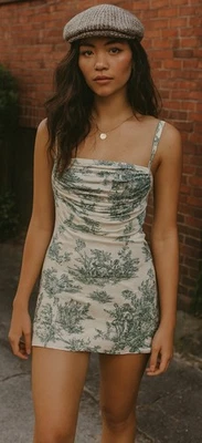 Mini Vestido Verde Francés Toile Coqueta Cottagecore Acanalado Fiesta Romántica XL Foto 1 de 4