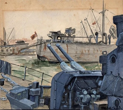 HMS Quantock At Bari Italy - 23rd August 1944 WW2 - Watercolour Painting - image 1 of 4