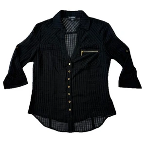 Bebe Blouse S Button Up Black Gold Sheer Check 3/4 Roll Tab Sleeve Zipper V Neck - Picture 1 of 24