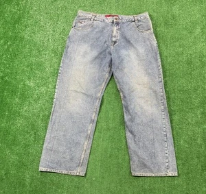 VTG MECCA Jeans Mens 42x34 Blue Denim Y2K Baggy Hip Hop Rap Wide Leg Pocket Logo - Picture 1 of 3