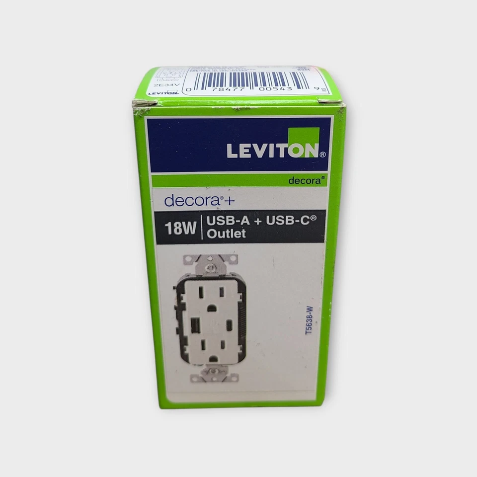 Leviton T5638-W USB Type A & C In-Wall Charger Tamper Resistant Outlet in White