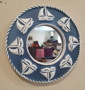Nautical Sailboat Port Hole Wall Mirror Blue & White W/Rope Edges 8" Ocean/Sea  - Picture 1 of 7