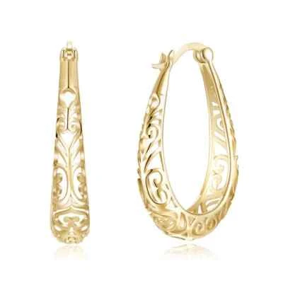 925 Sterling Silver Gold 30mm Oval Vintage Filigree Hoop Earrings For Women - Image 1 of 3