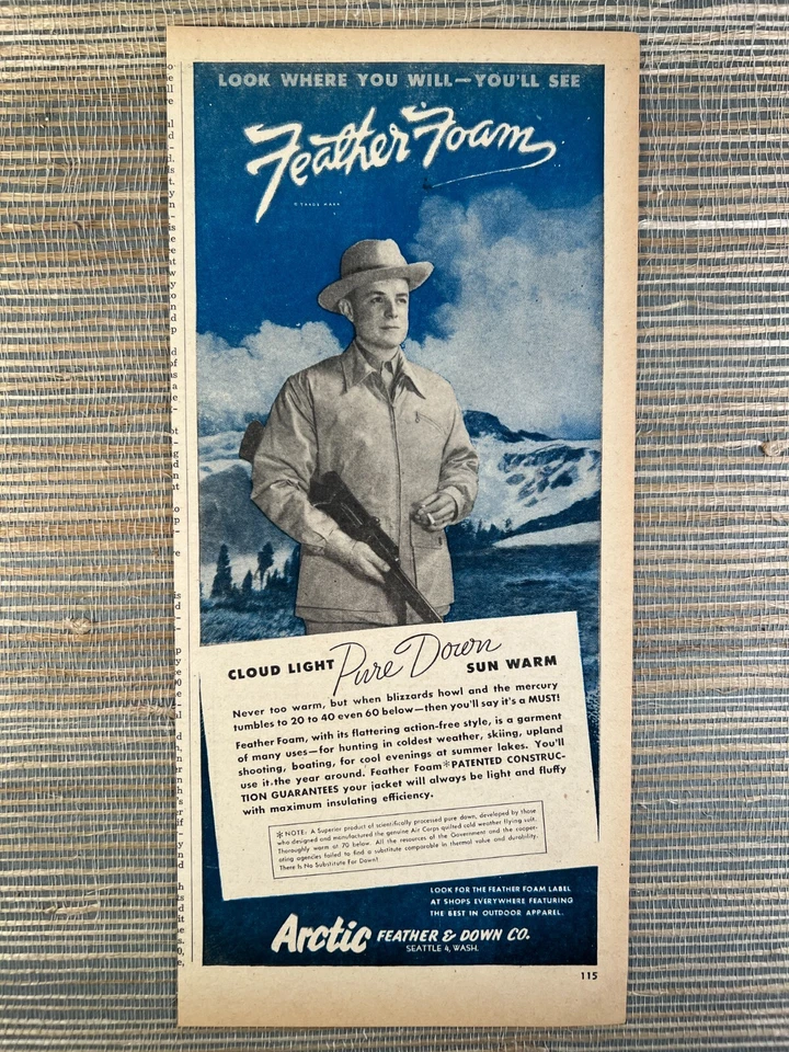 Abrigo Chaqueta Espuma Pluma Ártica Ropa Exterior Seattle WA 1946 Anuncio Estampado Vintage Foto 1 de 1