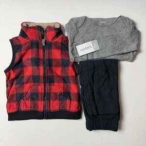 Cozy Baby Boy Carter's 3-Piece Buffalo Check Fleece Little Vest Set 24 Months - Picture 1 of 2