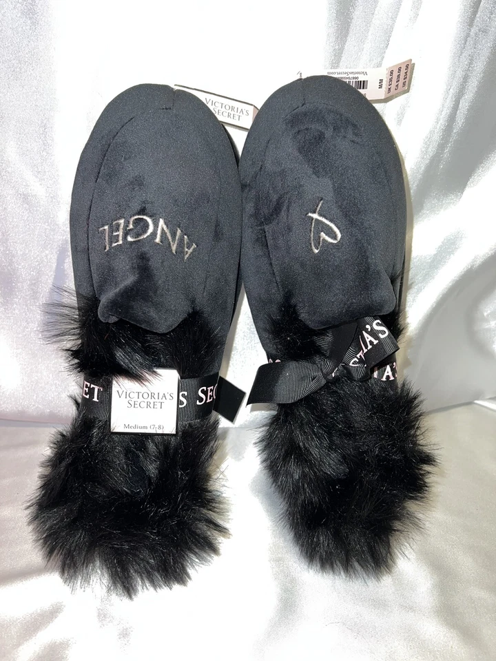 Victorias Secret Angel Slippers Faux Fur Trim Medium Black - Image 1 of 1