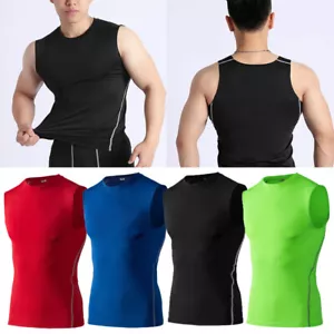 T-shirt uomo compressione senza maniche strato base canotta fitness gilet palestra sportiva - Foto 1 di 19