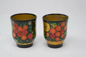 2 Vintage Russian Soviet Hand Painted Khokhloma Wooden Goblet Shot Glasses USSR - Picture 1 of 5